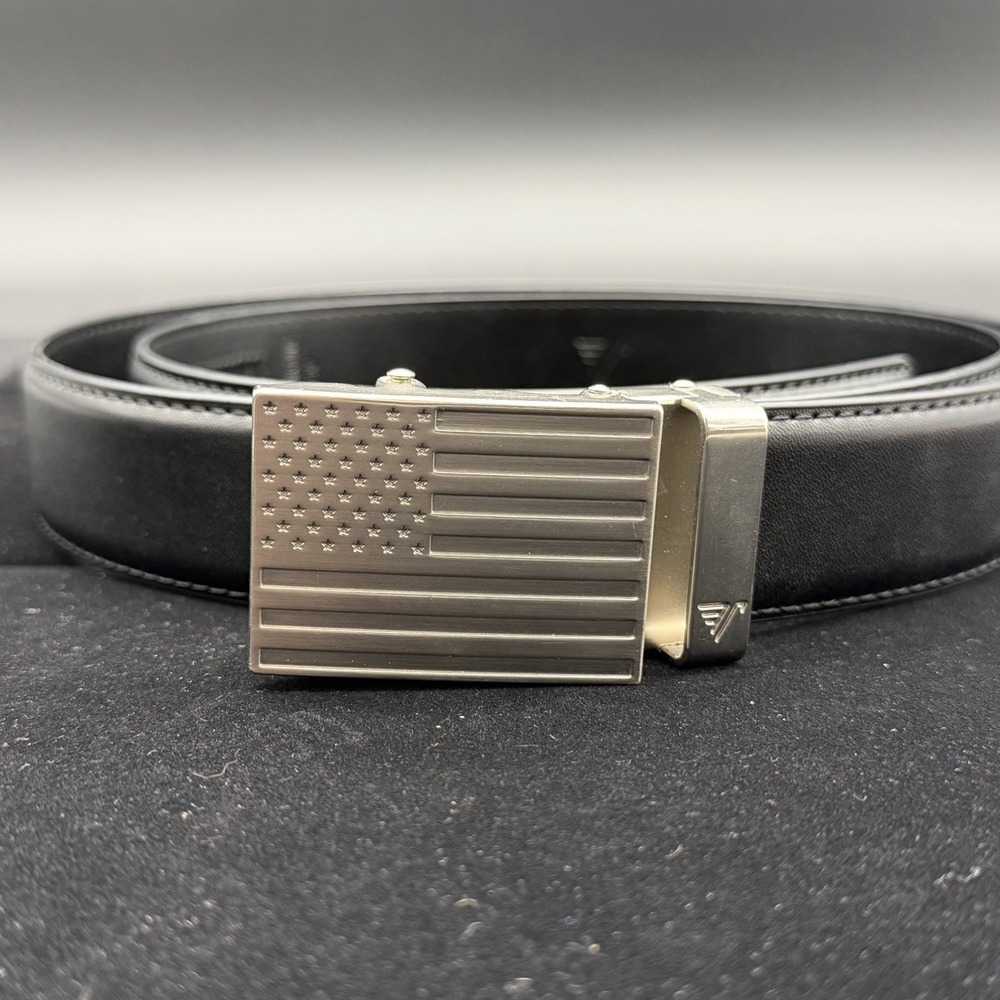 Mission Belt Men USA Flag Steel 40mm Adjustable Ratchet Leather Belt Black Large